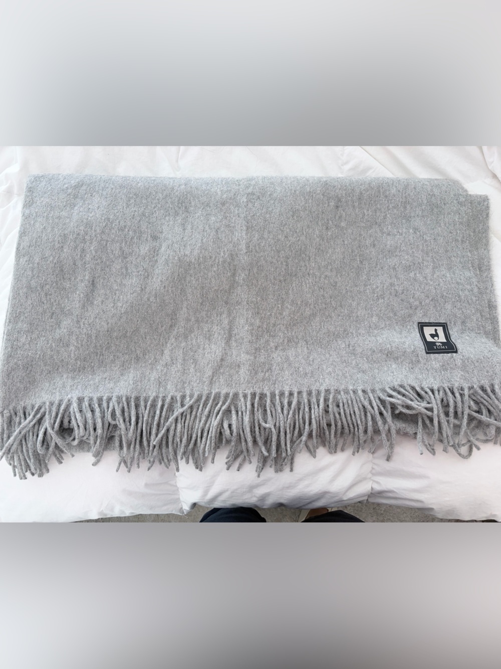 Tumi Light Gray Wool Fringe throw 58”x69”, cozy, wool